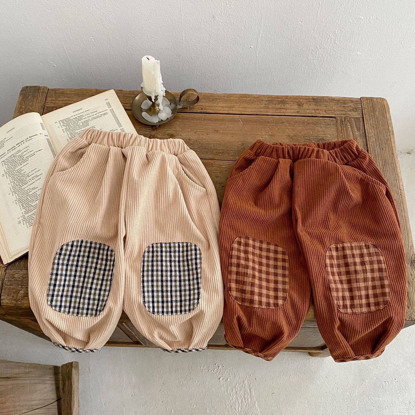 Baby Corduroy Pants – Cotton Trousers with Plaid Patch Detail
