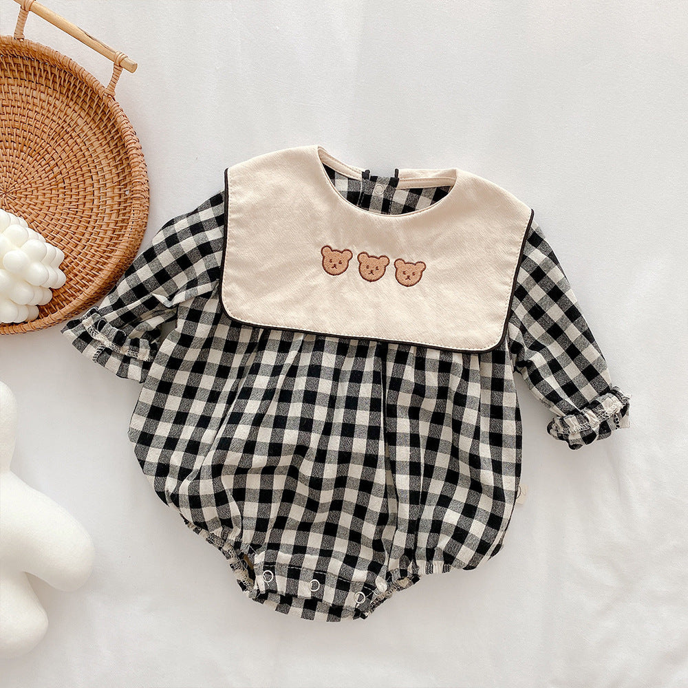 Baby Plaid Romper – Long Sleeve Cotton Outfit with Bear Embroidery