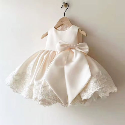 Girls 3D Floral Lace Party Dress with Button Back