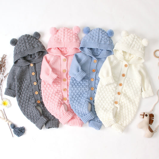 Bear-Ear Knitted Hooded Baby Jumpsuit