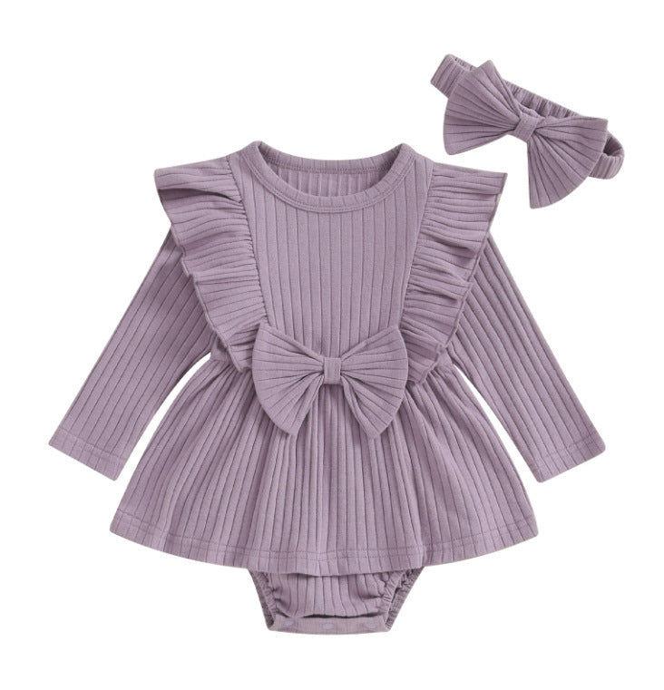 Ribbed Long Sleeve Baby Dress Jumpsuit with Bow & Headband