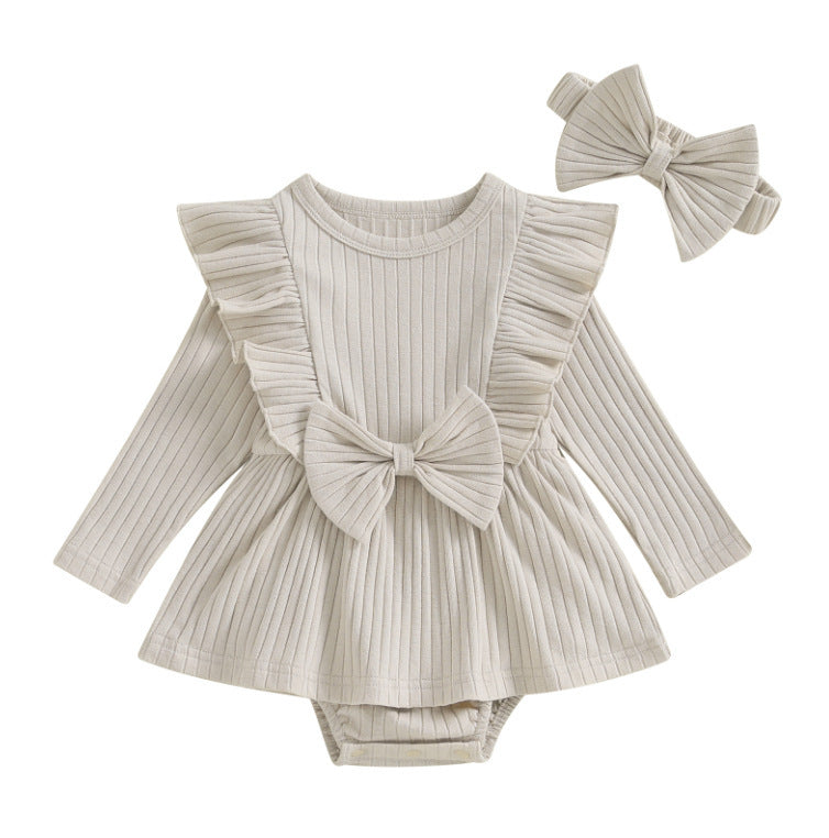 Ribbed Long Sleeve Baby Dress Jumpsuit with Bow & Headband