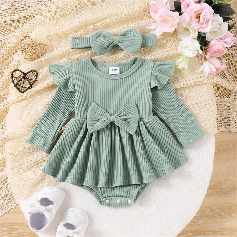 Ribbed Long Sleeve Baby Dress Jumpsuit with Bow & Headband