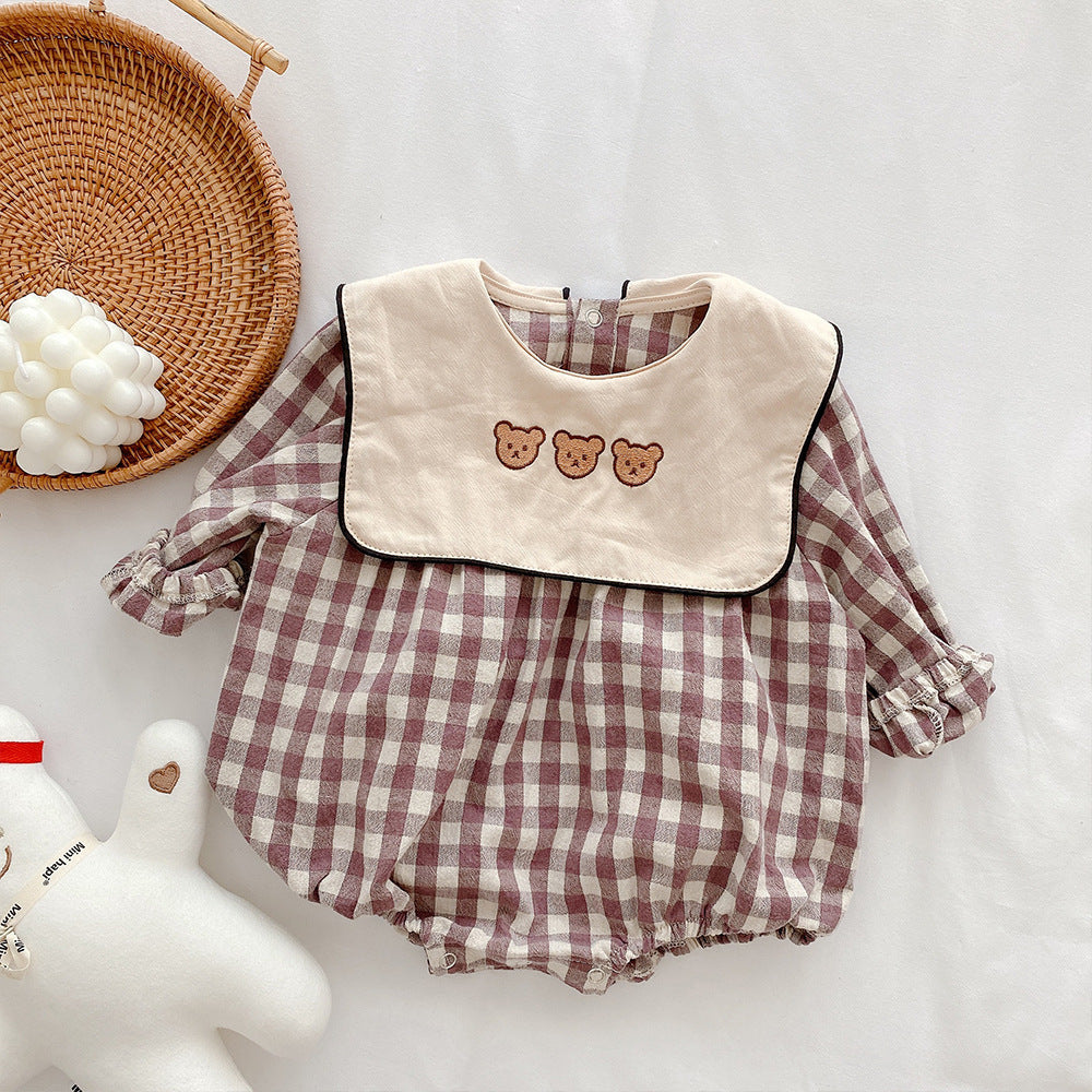 Baby Plaid Romper – Long Sleeve Cotton Outfit with Bear Embroidery