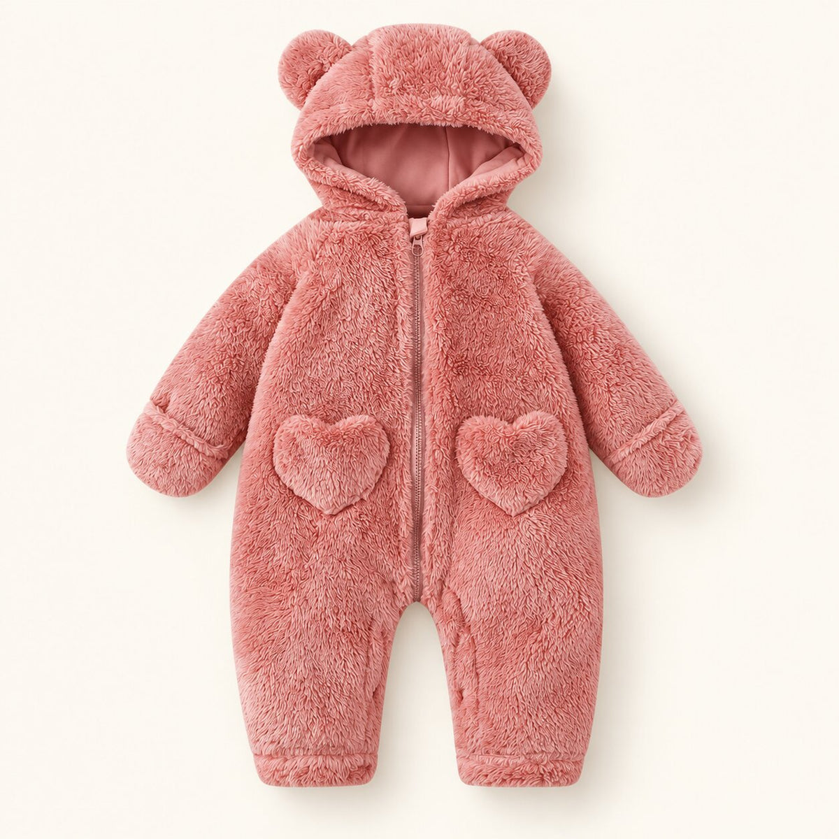 Baby Bear Heart Patch Hooded Fleece Romper
