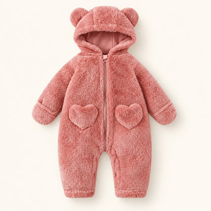 Baby Bear Heart Patch Hooded Fleece Romper