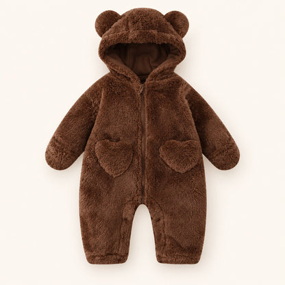 Baby Bear Heart Patch Hooded Fleece Romper