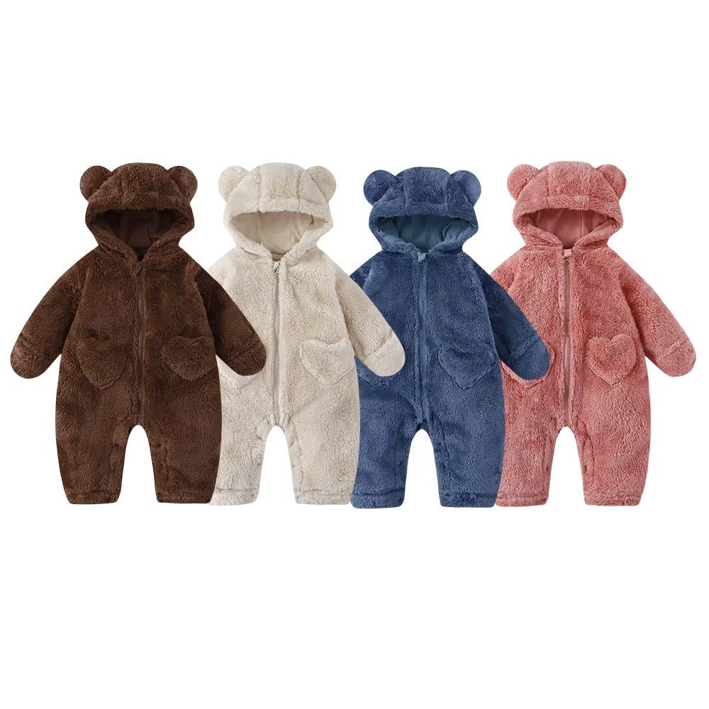 Baby Bear Heart Patch Hooded Fleece Romper