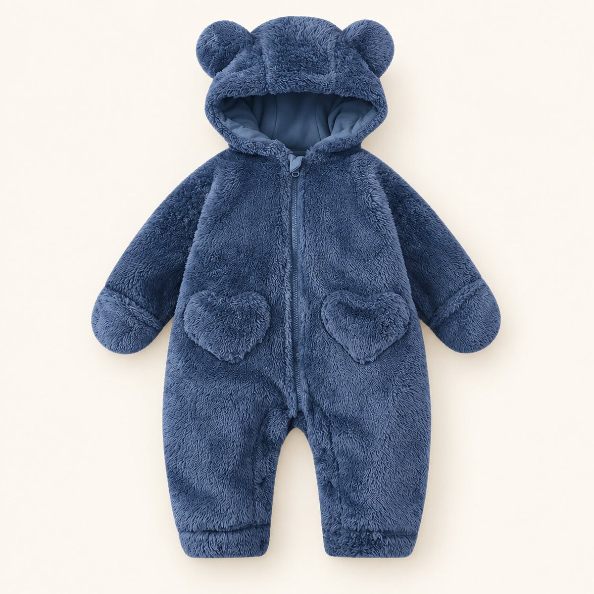 Baby Bear Heart Patch Hooded Fleece Romper