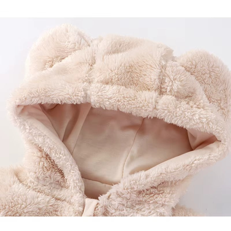 Baby Bear Heart Patch Hooded Fleece Romper