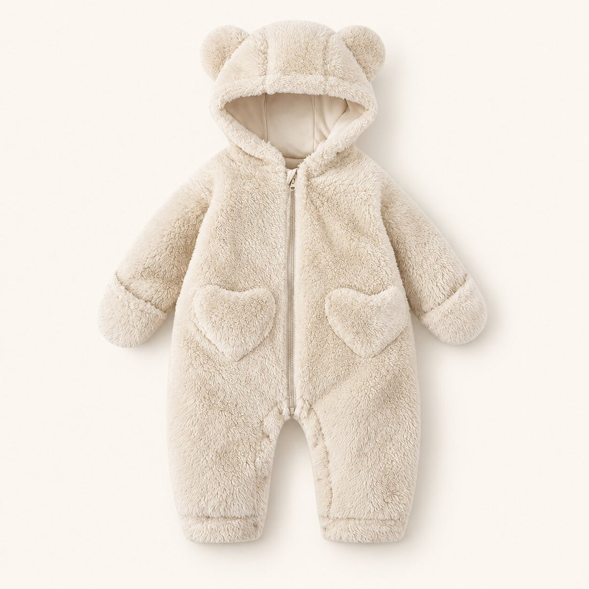 Baby Bear Heart Patch Hooded Fleece Romper