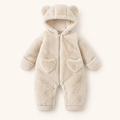 Baby Bear Heart Patch Hooded Fleece Romper