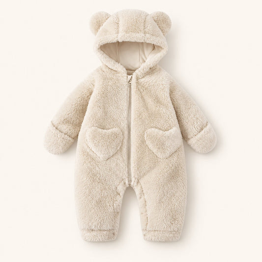 Baby Bear Heart Patch Hooded Fleece Romper