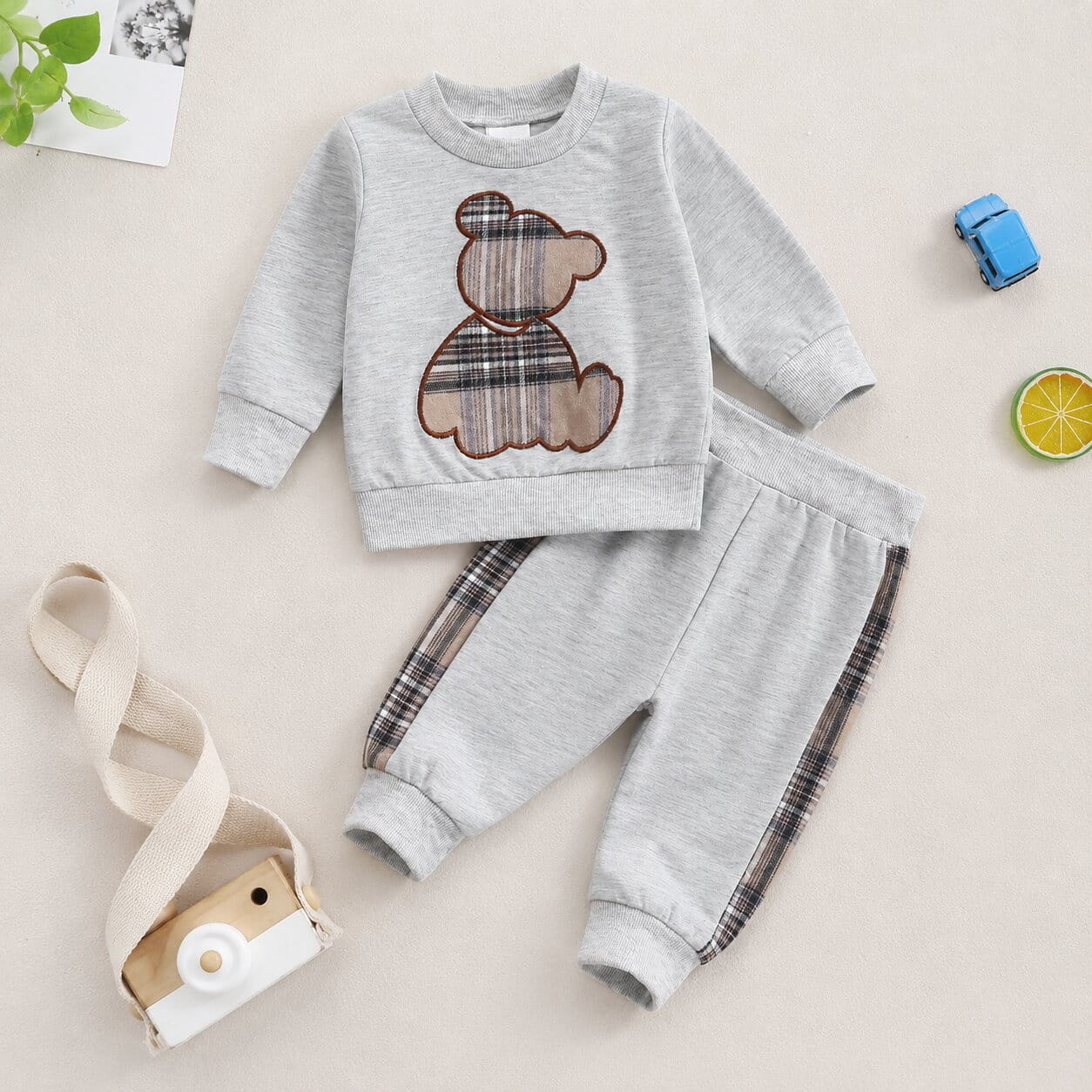 Baby Bear Plaid Sweatshirt Outfit Set