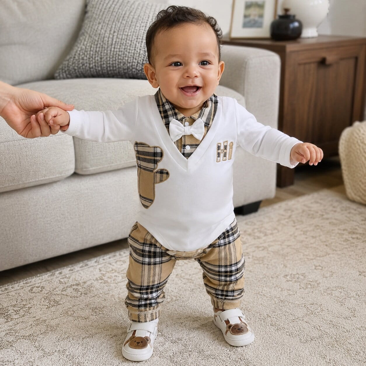 Baby Bear Plaid Tuxedo Romper Outfit Set