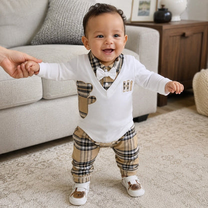 Baby Bear Plaid Tuxedo Romper Outfit Set