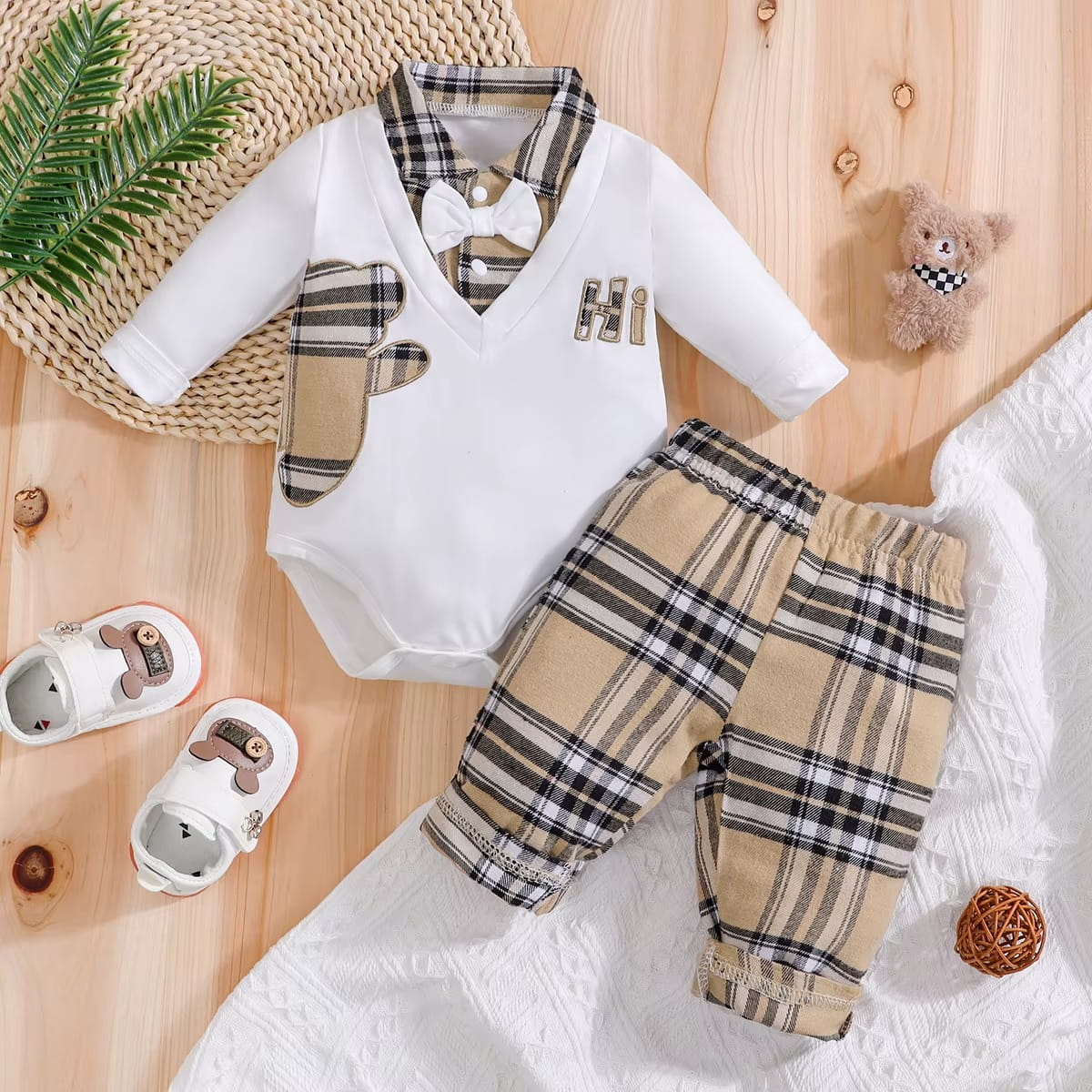 Baby Bear Plaid Tuxedo Romper Outfit Set