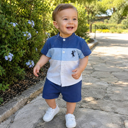 Baby Boy Stripe Panel Outfit – Breathable Cotton Shirt and Shorts Set