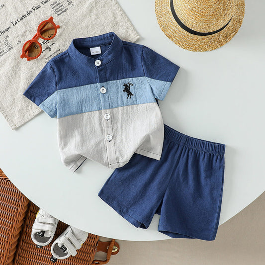 Baby Boy Stripe Panel Outfit – Breathable Cotton Shirt and Shorts Set