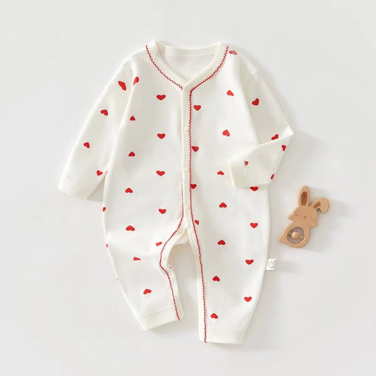 Baby Cotton Heart Romper – Soft 100% Cotton One-Piece with Easy Button Front