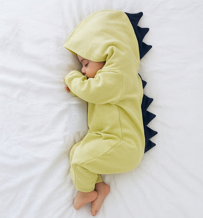 Baby Dinosaur Hooded Jumpsuit – Long Sleeve Romper with Dinosaur Spikes