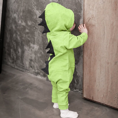 Baby Dinosaur Hooded Jumpsuit – Long Sleeve Romper with Dinosaur Spikes