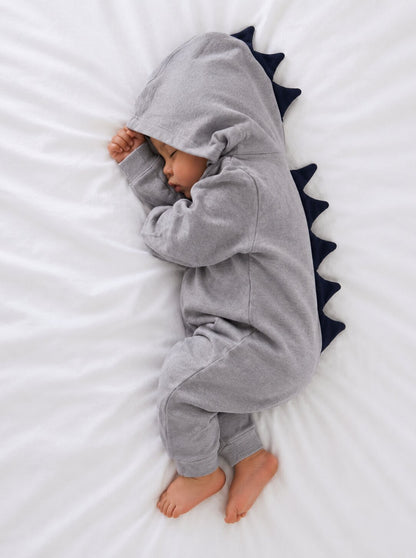 Baby Dinosaur Hooded Jumpsuit – Long Sleeve Romper with Dinosaur Spikes