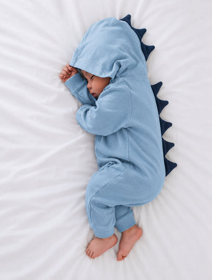 Baby Dinosaur Hooded Jumpsuit – Long Sleeve Romper with Dinosaur Spikes