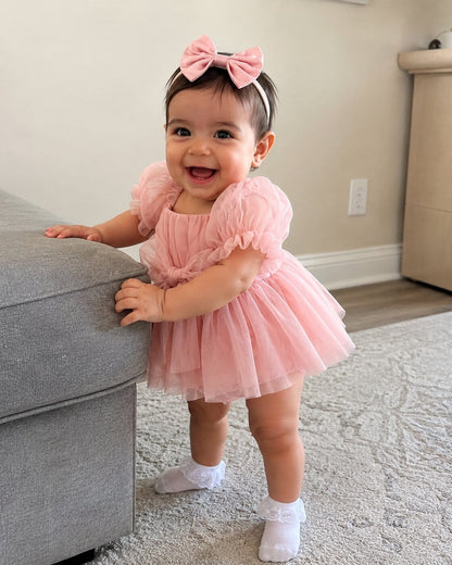 Baby Girl Bow Tulle Romper Dress | With Matching Headband