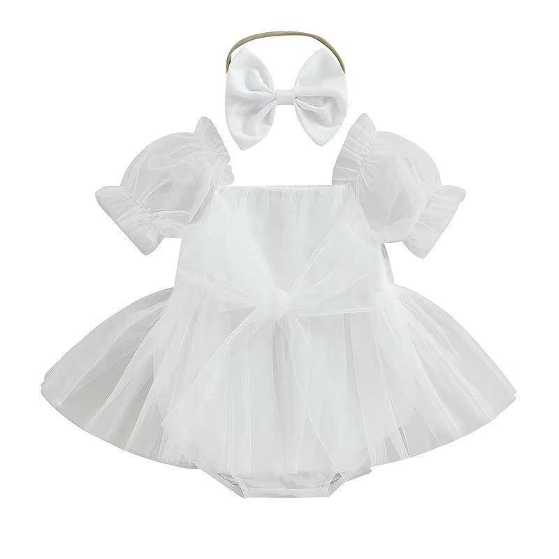 Baby Girl Bow Tulle Romper Dress | With Matching Headband