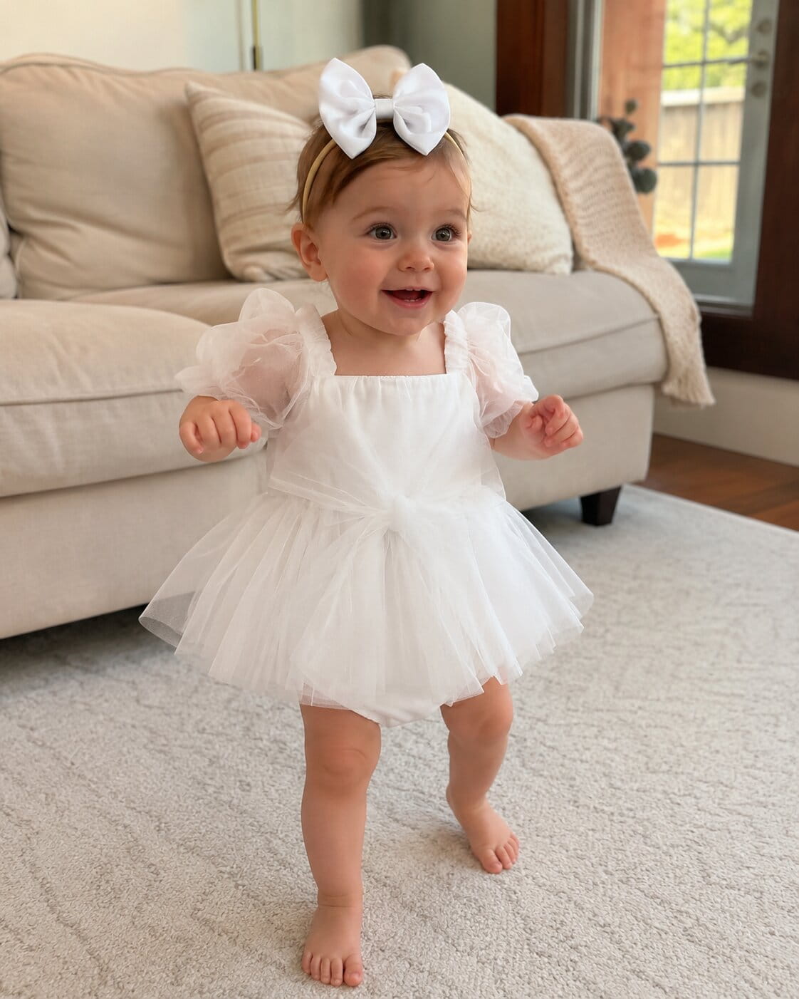 Baby Girl Bow Tulle Romper Dress | With Matching Headband