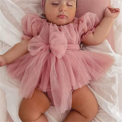 Baby Girl Bow Tulle Romper Dress | With Matching Headband