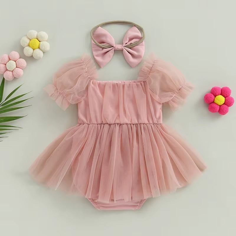 Baby Girl Bow Tulle Romper Dress | With Matching Headband