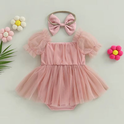 Baby Girl Bow Tulle Romper Dress | With Matching Headband