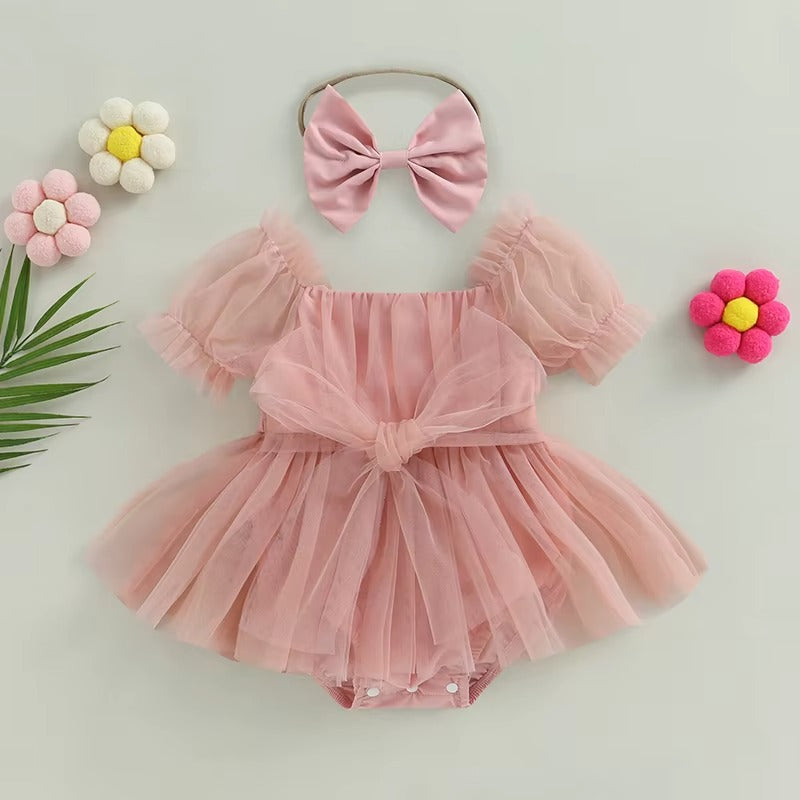 Baby Girl Bow Tulle Romper Dress | With Matching Headband