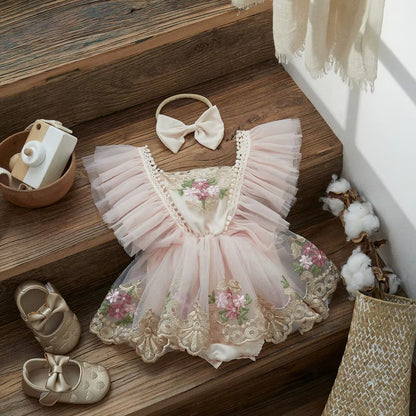 Baby Girl Floral Romper Dress – Lightweight Tulle Outfit for Birthdays & Photos