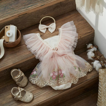 Baby Girl Floral Romper Dress – Lightweight Tulle Outfit for Birthdays & Photos