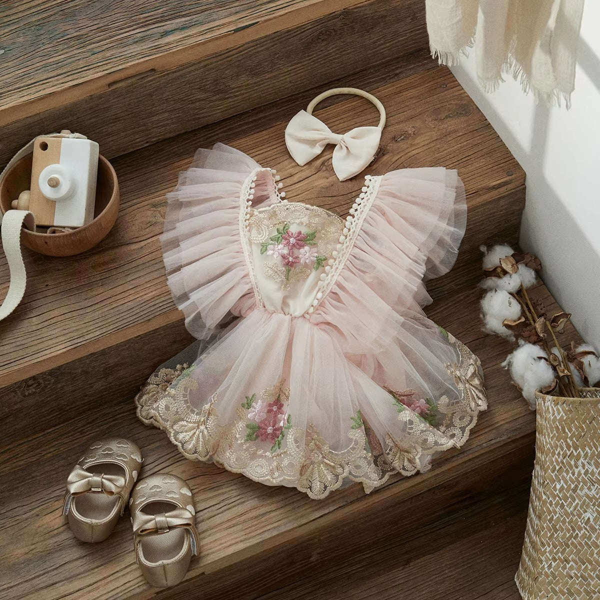Baby Girl Floral Romper Dress – Lightweight Tulle Outfit for Birthdays & Photos