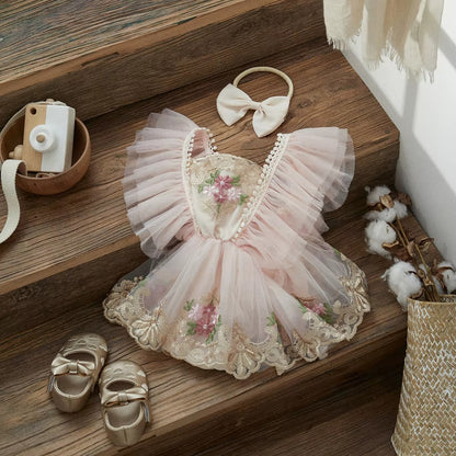 Baby Girl Floral Romper Dress – Lightweight Tulle Outfit for Birthdays & Photos