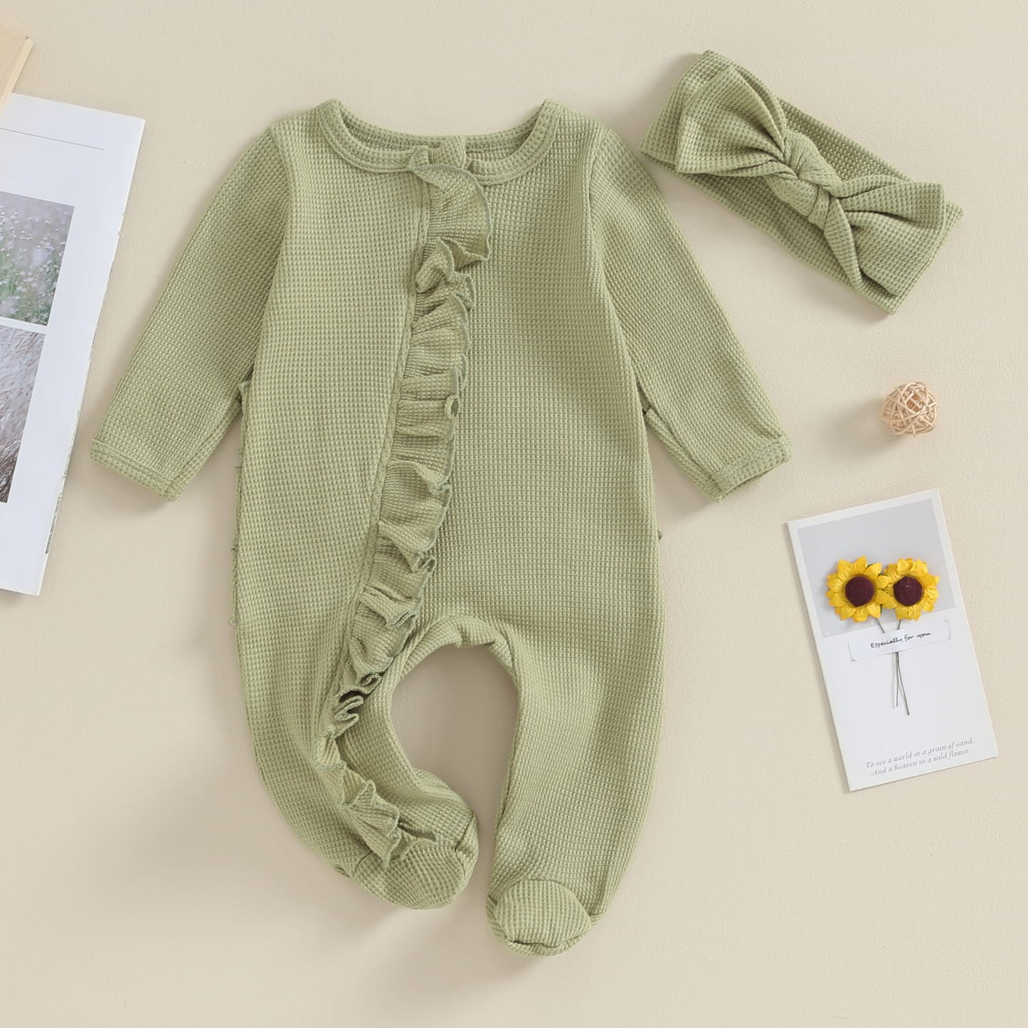 Baby Girl Zipper Romper with Headband – Soft Cotton Blend One-Piece with Easy Changing