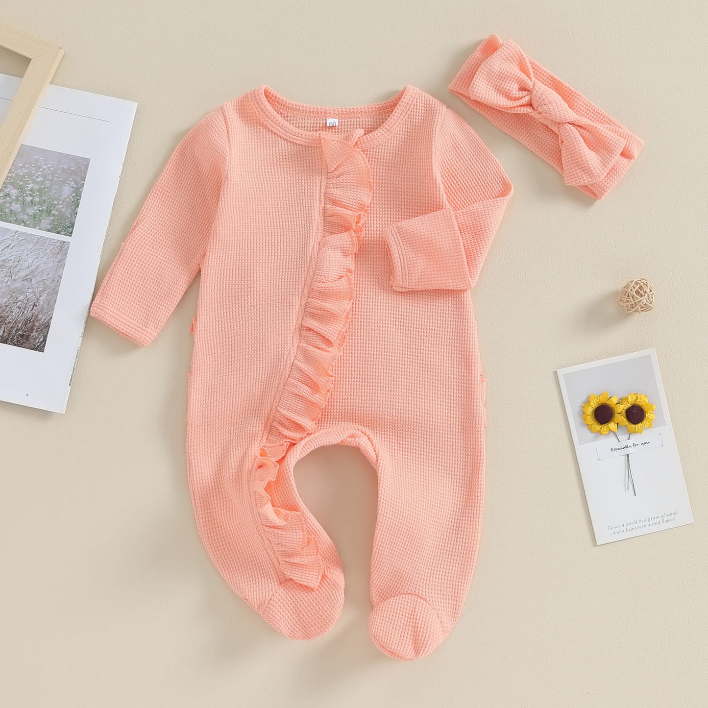Baby Girl Zipper Romper with Headband – Soft Cotton Blend One-Piece with Easy Changing