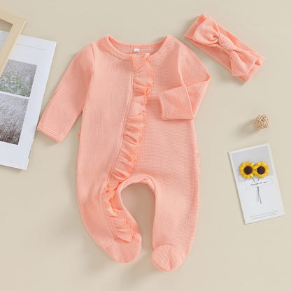 Baby Girl Zipper Romper with Headband – Soft Cotton Blend One-Piece with Easy Changing
