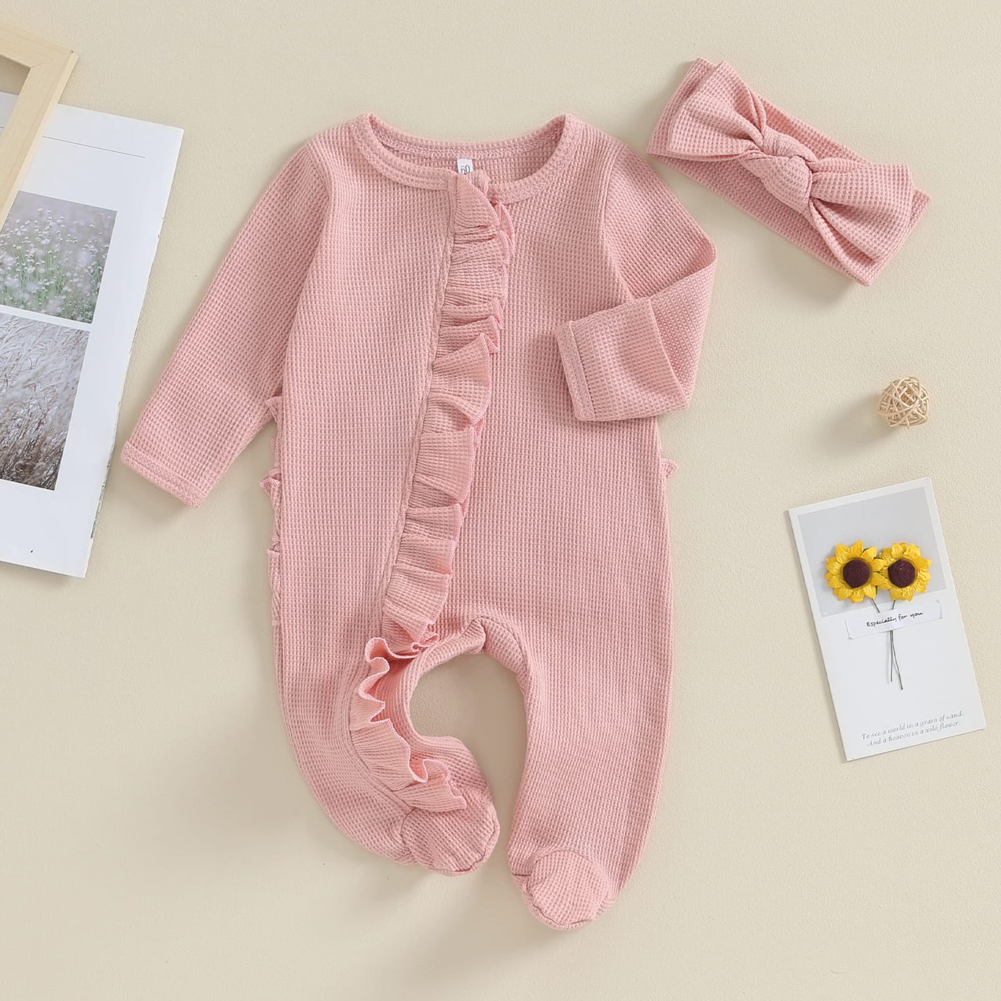 Baby Girl Zipper Romper with Headband – Soft Cotton Blend One-Piece with Easy Changing