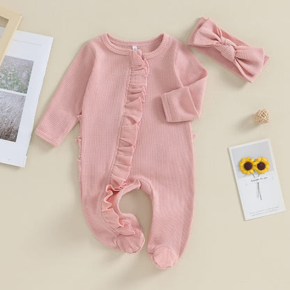 Baby Girl Zipper Romper with Headband – Soft Cotton Blend One-Piece with Easy Changing