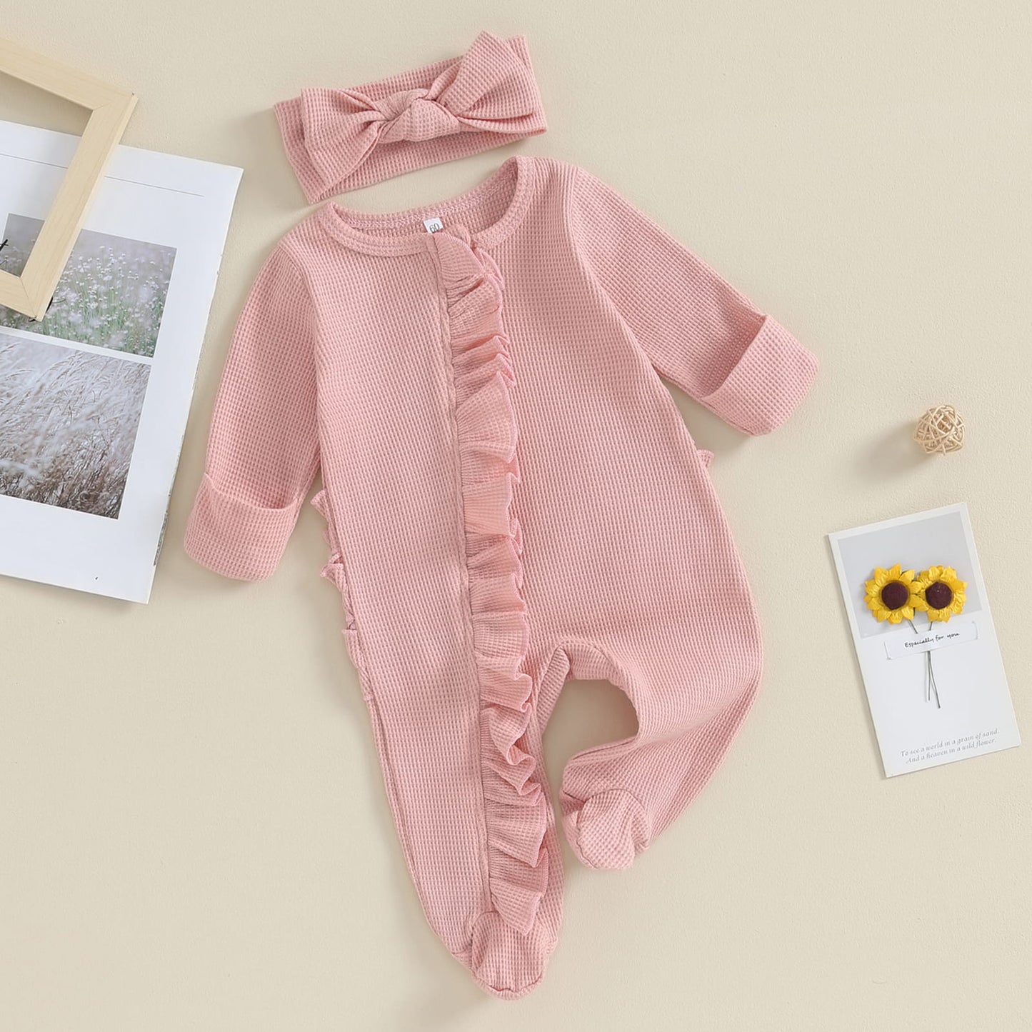 Baby Girl Zipper Romper with Headband – Soft Cotton Blend One-Piece with Easy Changing