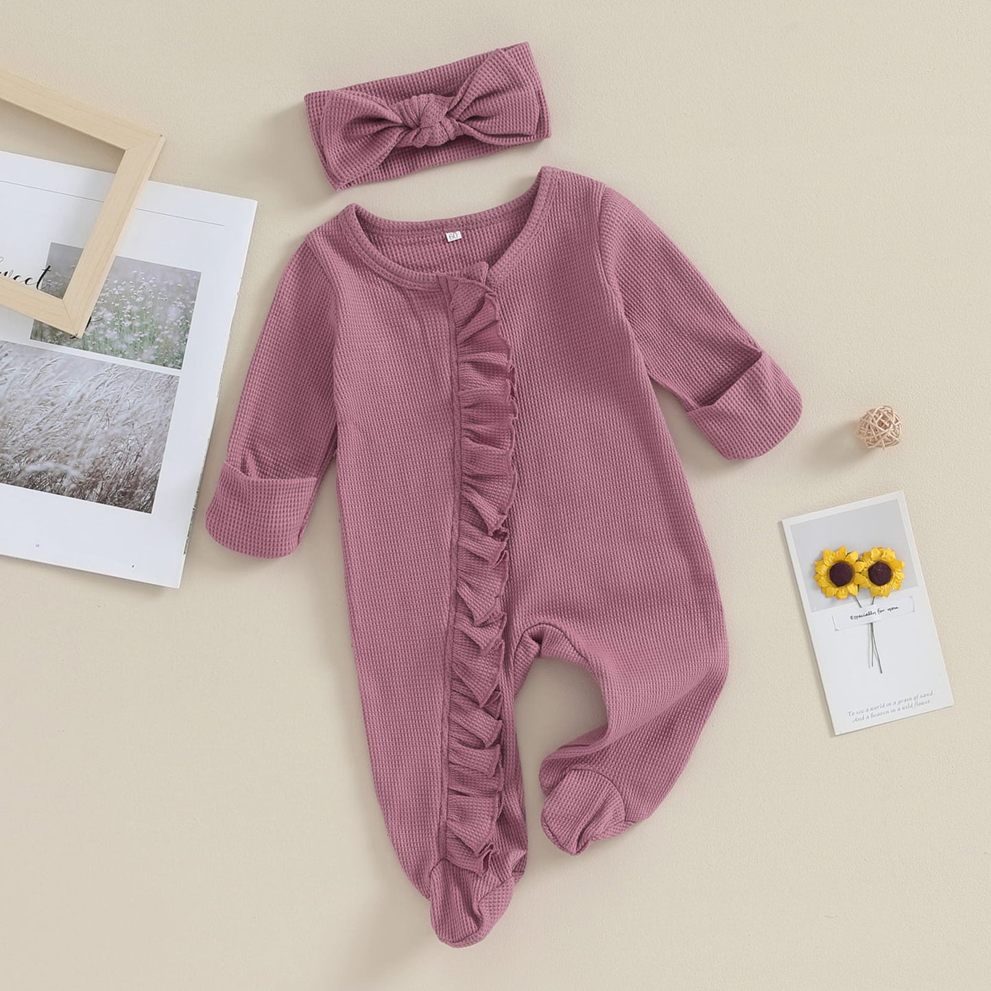 Baby Girl Zipper Romper with Headband – Soft Cotton Blend One-Piece with Easy Changing