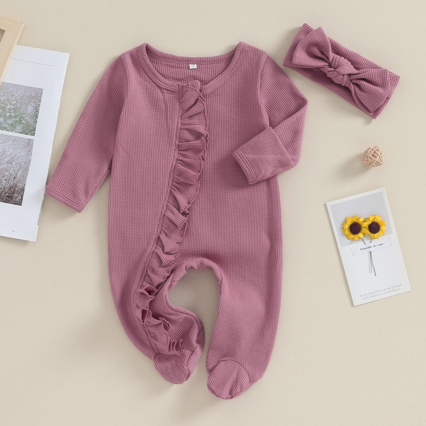 Baby Girl Zipper Romper with Headband – Soft Cotton Blend One-Piece with Easy Changing