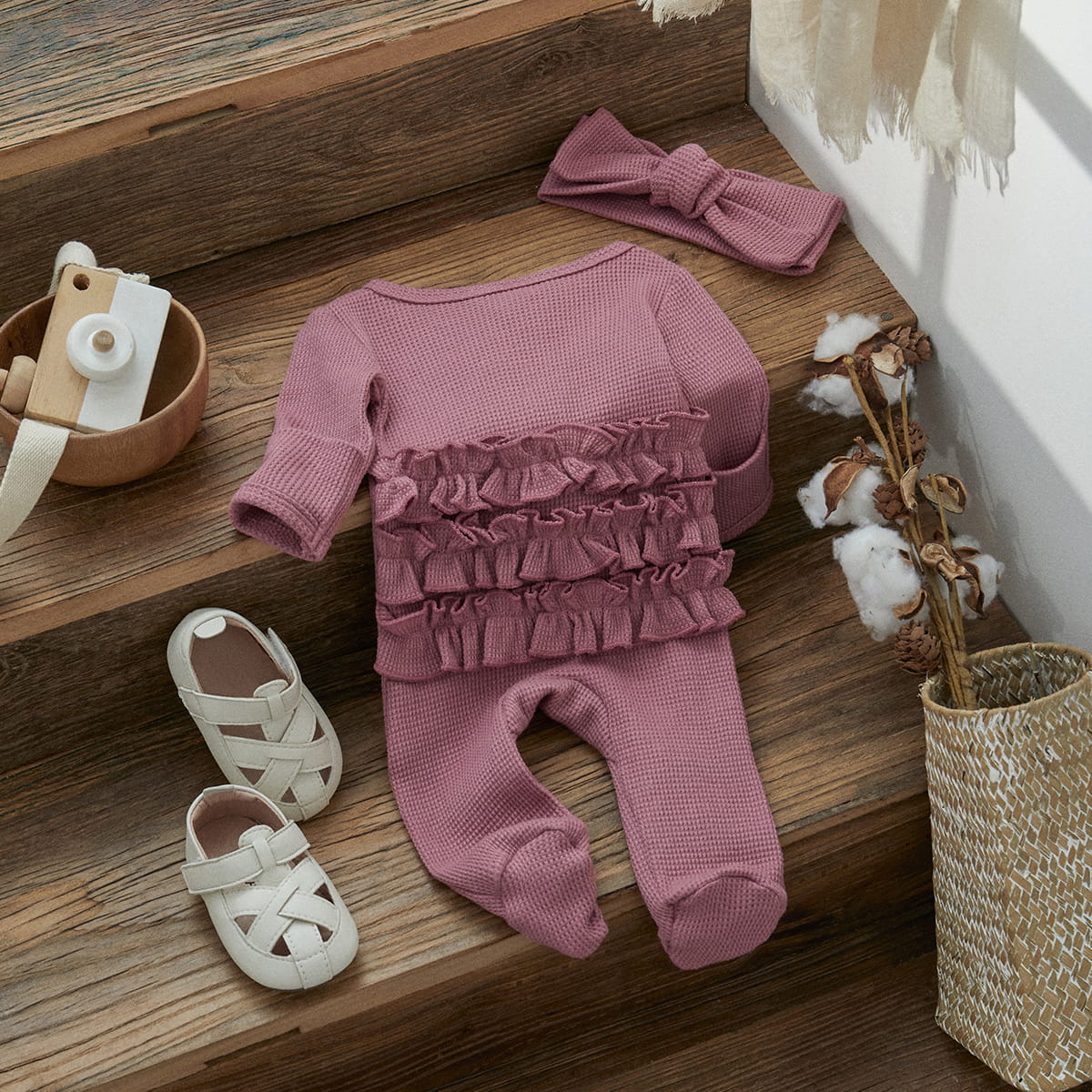 Baby Girl Zipper Romper with Headband – Soft Cotton Blend One-Piece with Easy Changing