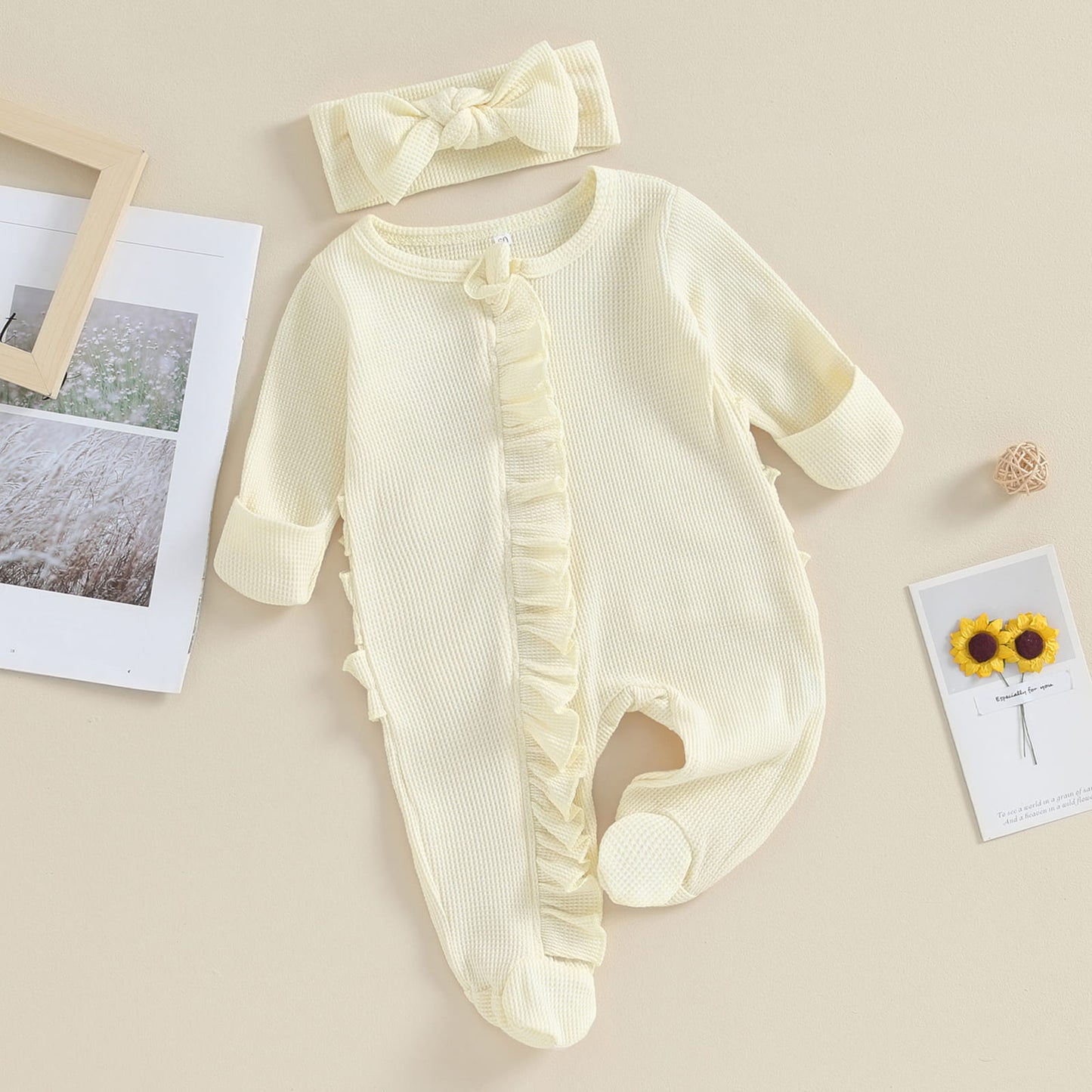 Baby Girl Zipper Romper with Headband – Soft Cotton Blend One-Piece with Easy Changing