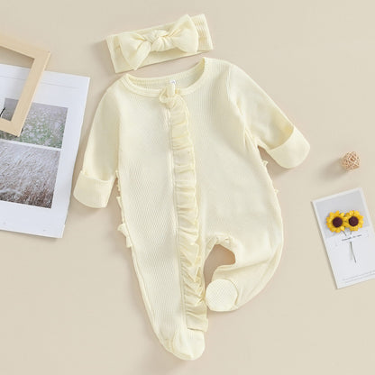 Baby Girl Zipper Romper with Headband – Soft Cotton Blend One-Piece with Easy Changing